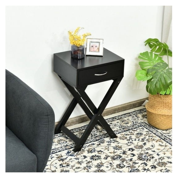 Modern Nightstand with Drawer, X-Shape End Table, Accent Side Table for Bedroom & Living Room - Black MDF - 16" x 11" x 26" - Storage & Space Saving