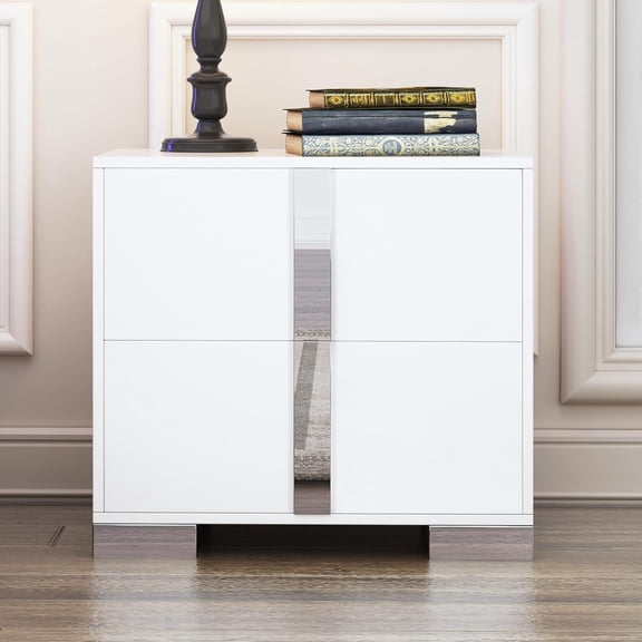 Modern Nightstand with Drawers, Metal Handle and Base, Mirrored Wood Bed Side Table with Storage, End Table for Living Room, Bedroom (White)