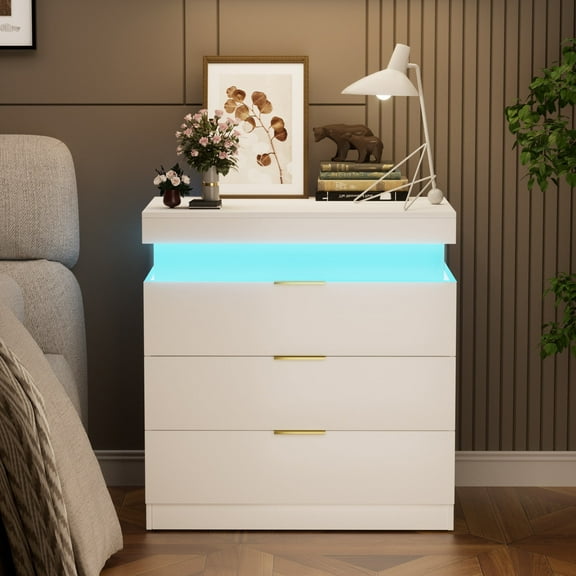 Modern Nightstand with LED Lights & Charging Station - Sliding Top, 2 Drawers, Bedside Table with App Control, White, 28.8''W x 17''D x 30.5''H