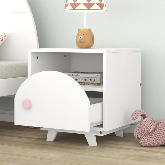 Modern Nightstand with One Drawer and Open Shelf, Wooden End Table with Open Storage, Accent Bedside Table for Bedroom, Kids Room (White)