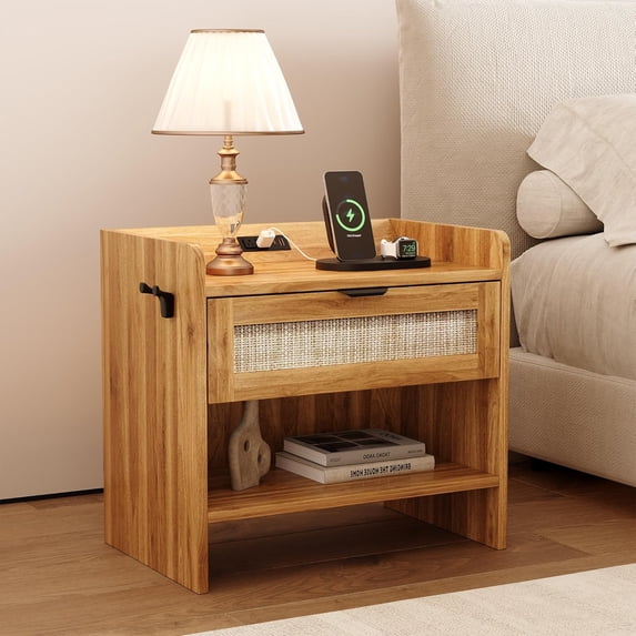 Modern Nightstand with Storage Drawer, Bedside Table with Type-C Charging Station, End Table Side Table for Bedroom Living Room, Walnut