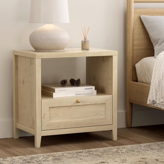 Modern Nightstand with Storage, Farmhouse End Table with Drawer Freestanding Wide Bedside Table for Living Room Bedroom Sofa, Light Oak