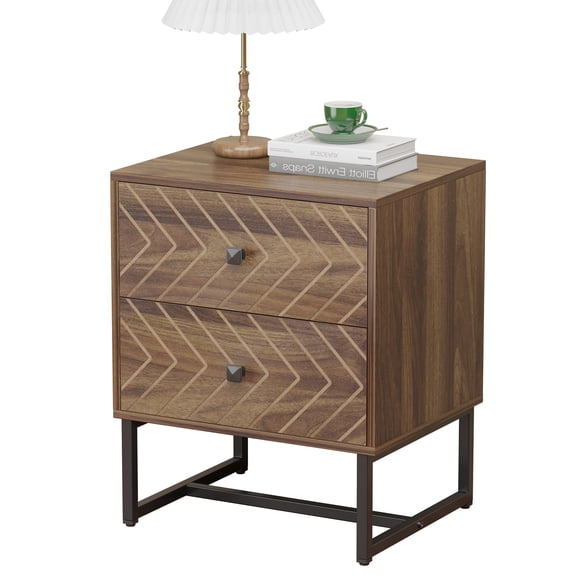 Modern Nightstand with Two Storable Drawers,Sturdy Bedside Table Space-Saving Night Stand with Black Metal Legs for Bedroom,Walnut
