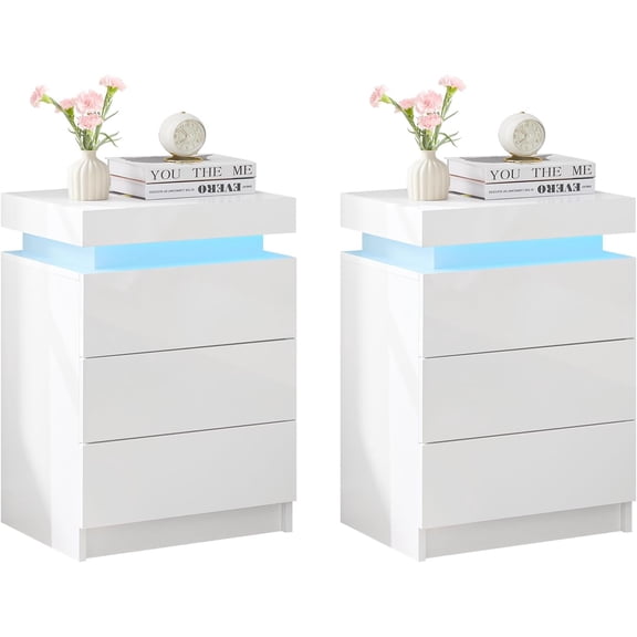 Modern Nightstands Set of 2 with LED Light, Smart Bedside Table with 3 Drawers and Flip Top Storage Cabinet, High Gloss Side Table End Table for Bedroom (White)