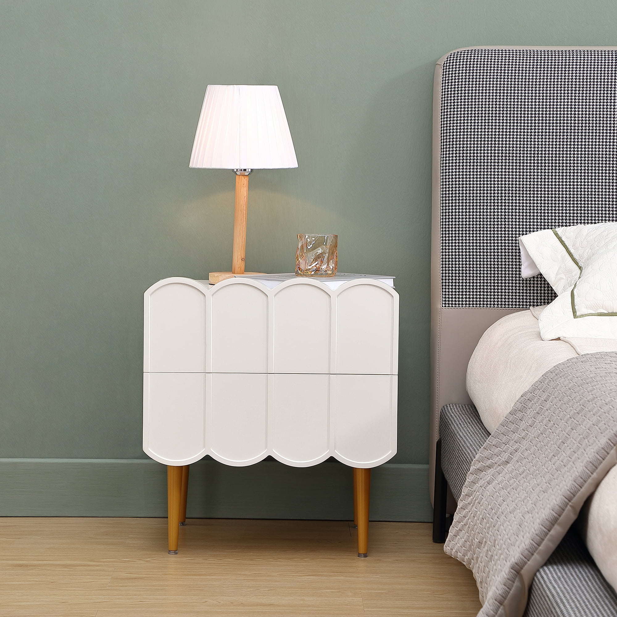 Modern Metal Nightstands with Drawers, White/Gold Bedside Table for