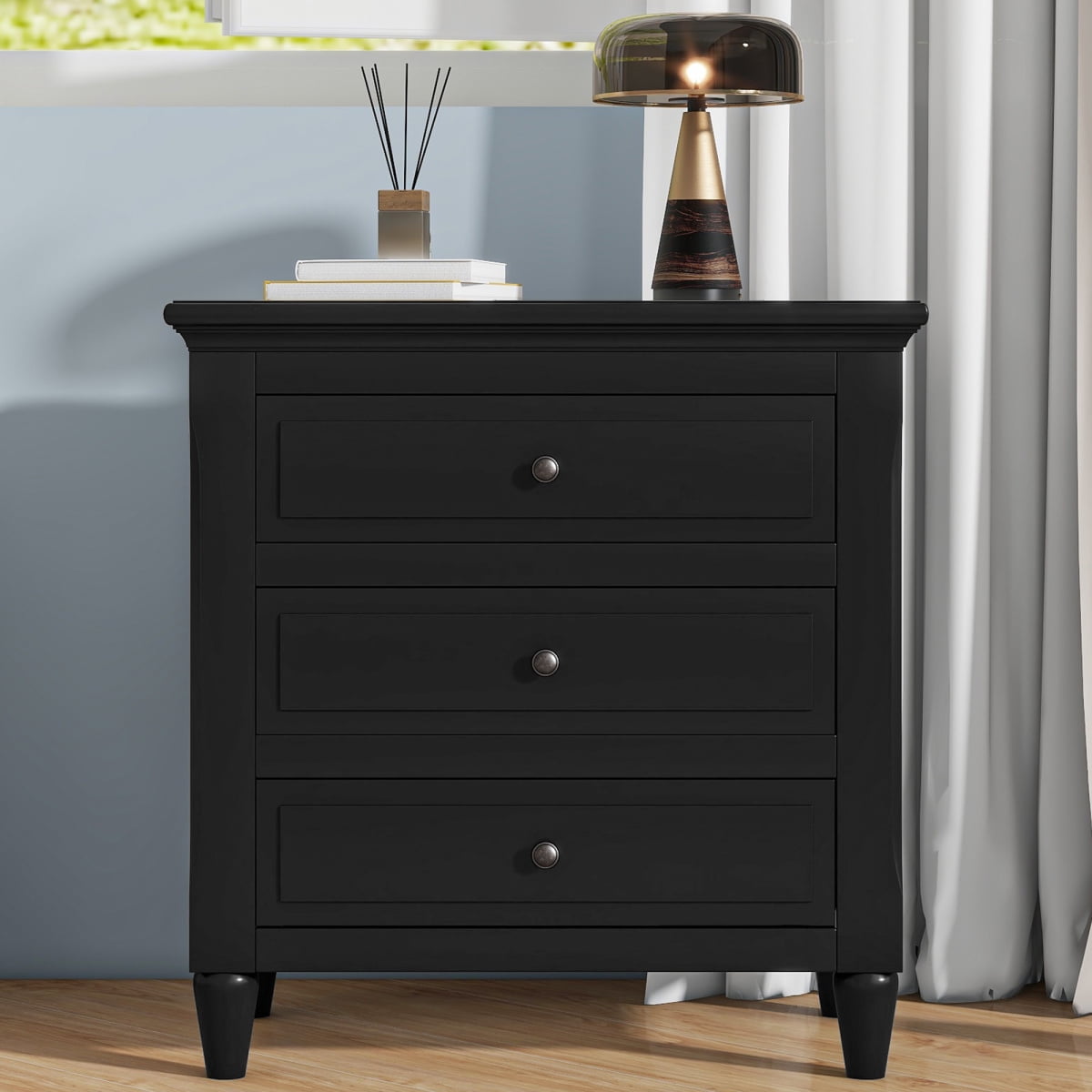 Modern Nightstands with Wood Legs, Bedside Table Wood Frame with 3