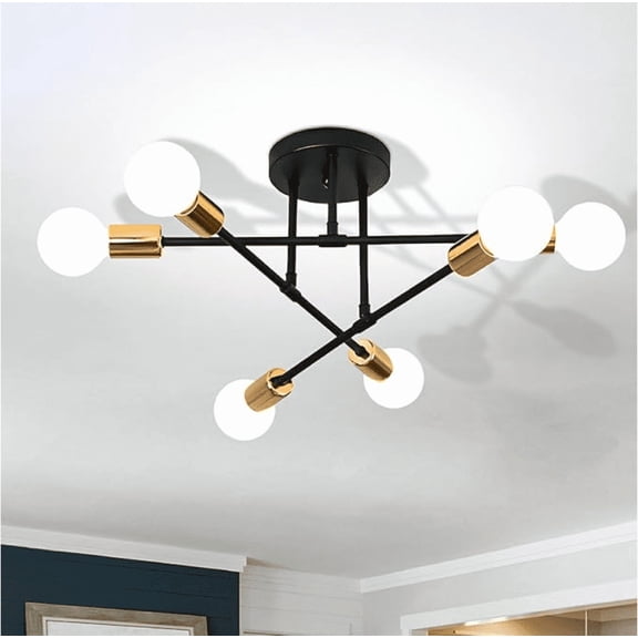 Modern Nordic 6 Heads Molecular Ceiling Light Fixture, Matte Black & Brass Finish Flush Mount Light, Geometric Sputnik Ceiling Lamp for Kitchen Entryway Apartment