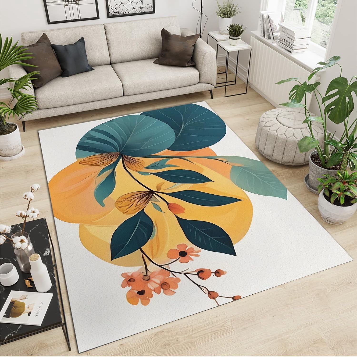 Study Rugs Modern Nordic Style Area Rug, Leaf Floral Texture Rug for Living Room ...
