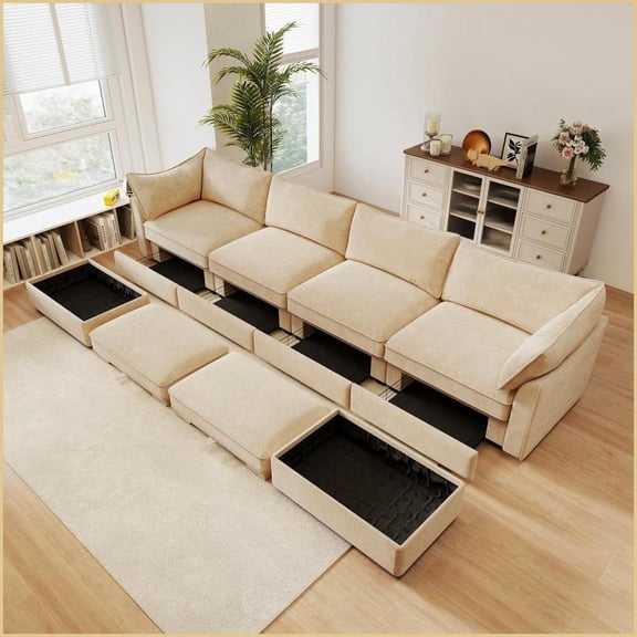 Modern Nordic U-Shape Modular Chenille Sofa | 4-6 Seats | Cushion Back | Flared Arms | Storage Drawers & Ottomans | Wheat