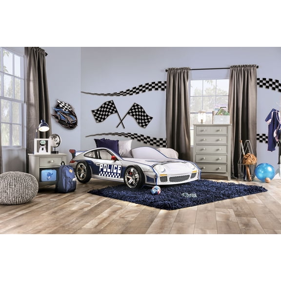 Modern Novelty Style Twin Bed Police Car Design With High gloss Design LED Lights On Wheels And Headlights Included Slat Kit Metal Structure Painted Edges Blue And White Finish