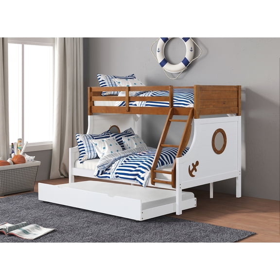 Modern Novelty Style Twin Over Full Bunk Bed With Attached Angled Ladder Rails And Lock Joint Structure For Safety Oak Finish Upper Bed White Finish Lower Bed Trundle Included