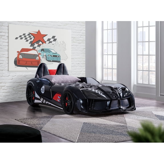 Modern Novelty Style Twin Size Bed Race Car Design Attached Two Magnetic Doors With LED Lights On Wheels And Bottom Upholstery HB Black Finish