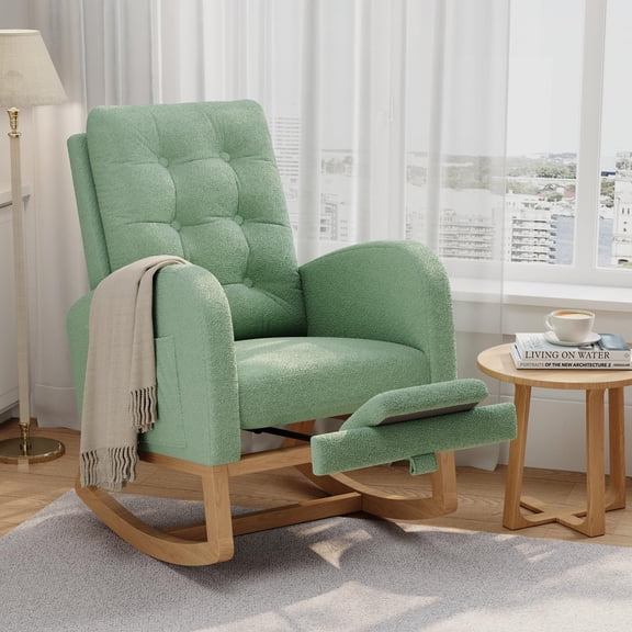 Modern Nursery Rocking Chair with Adjustable Footrest – High Backrest, Sturdy Wooden Legs, Comfortable Soft Fleece Upholstery, Glider Armchair for Living Room or Bedroom – Green with Footrest
