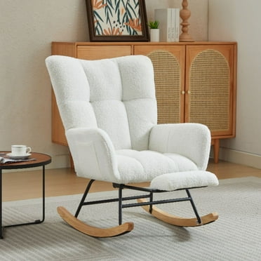 Modern Nursery Rocking Chair, Upholstered Glider Chair with High Backrest, Rocker Accent Armchair with Solid Wood Legs for Nursery Bedroom Living Room (White)