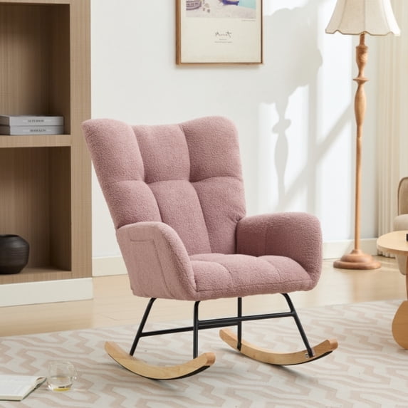 Modern Nursery Rocking Chair Upholstered Glider Chair with High Backrest Rocker Accent Armchair with Solid Wood Legs for Nursery Bedroom Living Room Teddy(BLACK)