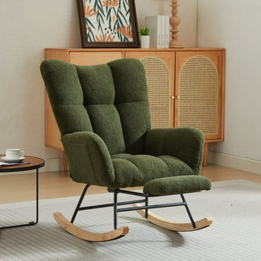 Modern Nursery Rocking Chair, Upholstered Glider Chair with High Backrest, Rocker Accent Armchair with Solid Wood Legs for Nursery Bedroom Living Room