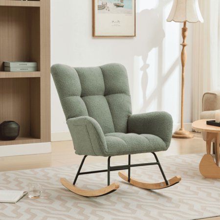 Modern Nursery Rocking Chair Upholstered Glider Chair with High Backrest, Soft Teddy Fabric, Ergonomic Design, Solid Wood Legs, Gentle Rocker for Nursery, Bedroom, Living Room, and New Moms