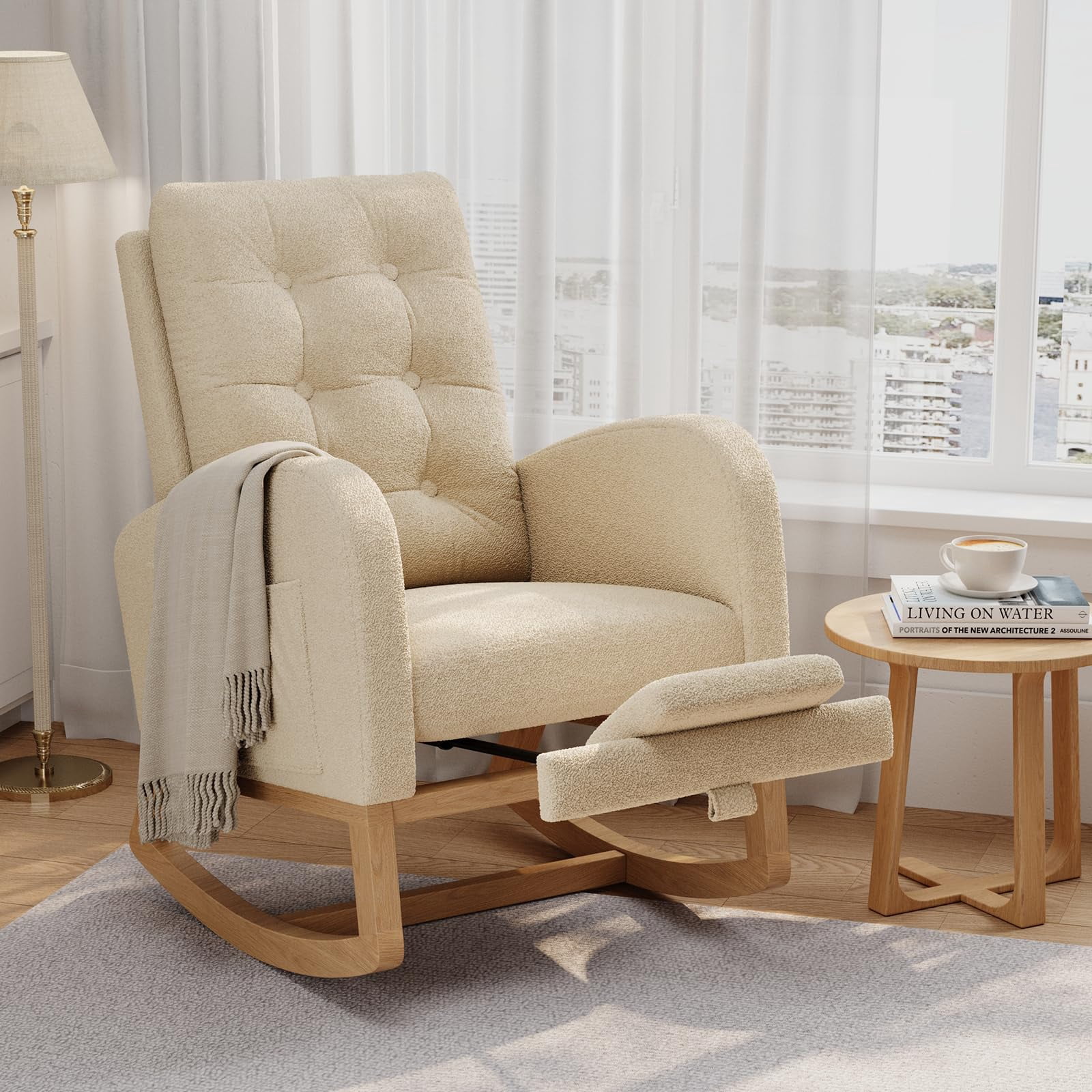 Modern Nursery Rocking Chair, Upholstered Glider Rocker with Side Pocket & Wooden Legs, Comfy Rocker Armchair for Living Room, Bedroom, Beige with Footrest
