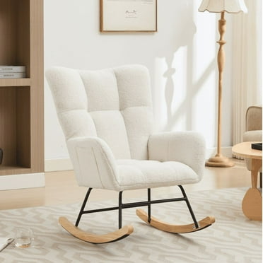 Modern Nursery Rocking Chair with Teddy Upholstery & Solid Wood Legs, High Back Glider for Nursery & Living Room, White
