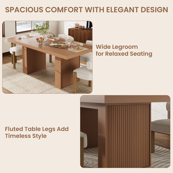 Modern Nut-Brown Dining Table for 6-10 Thick Wood Top, Fluted Legs, Sturdy Heavy-Duty Design, With Storage Rectangular Kitchen & Dining Room Table Walnut Color