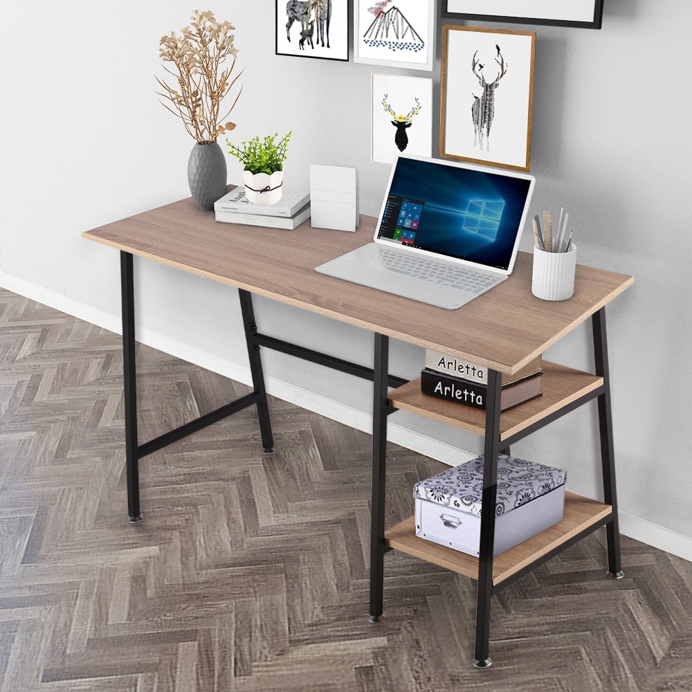 Modern Oak Computer Desk with 2-Tier Removable Storage Shelves ...