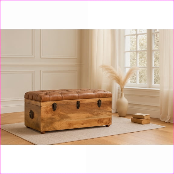 Modern Oak-Inspired Solid Mango Wood Storage Trunk with Leather Upholstery, Walnut Brown | Solid Wood | Tan Brown