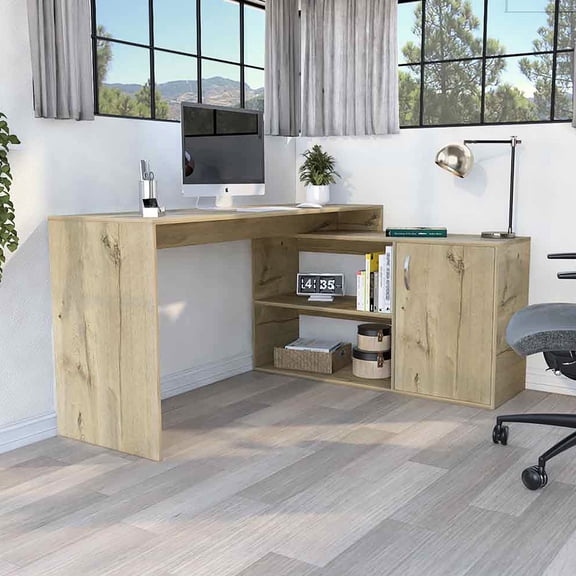 Modern Oak L-shaped Desk - 59" Spacious Workspace With Open And Closed Storage Office Beige Finish Work Area For Computers, Ideal Use Style