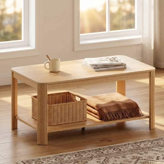 Modern Oak Wood Coffee Table with Open Storage Shelf, Fluted Wave Legs & Arc Corners, Minimalist Rectangular Living Room Accent Table