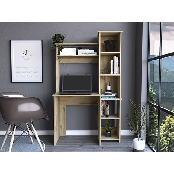 Modern Oak Work Desk With Two Shelves And Five For Office Efficiency Style Enhancement Computer Setup