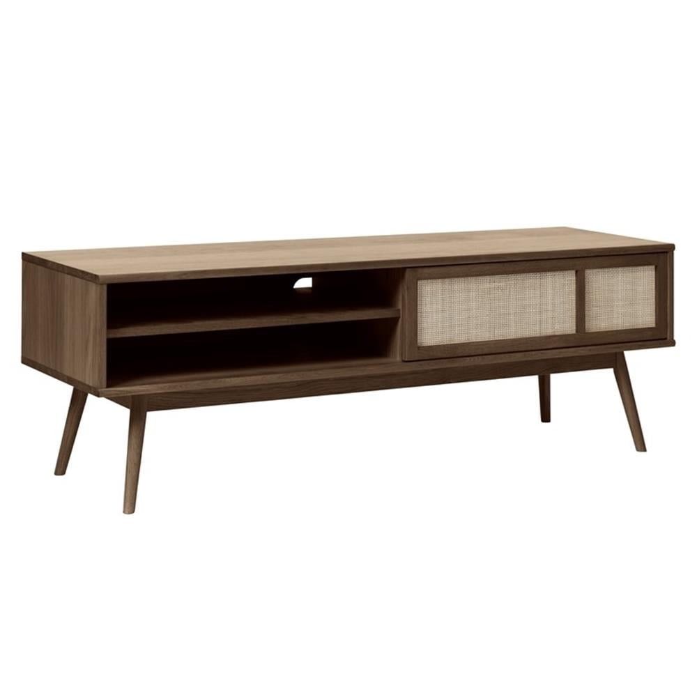 Modern White Oak and Rattan Sliding Door TV Lowboard