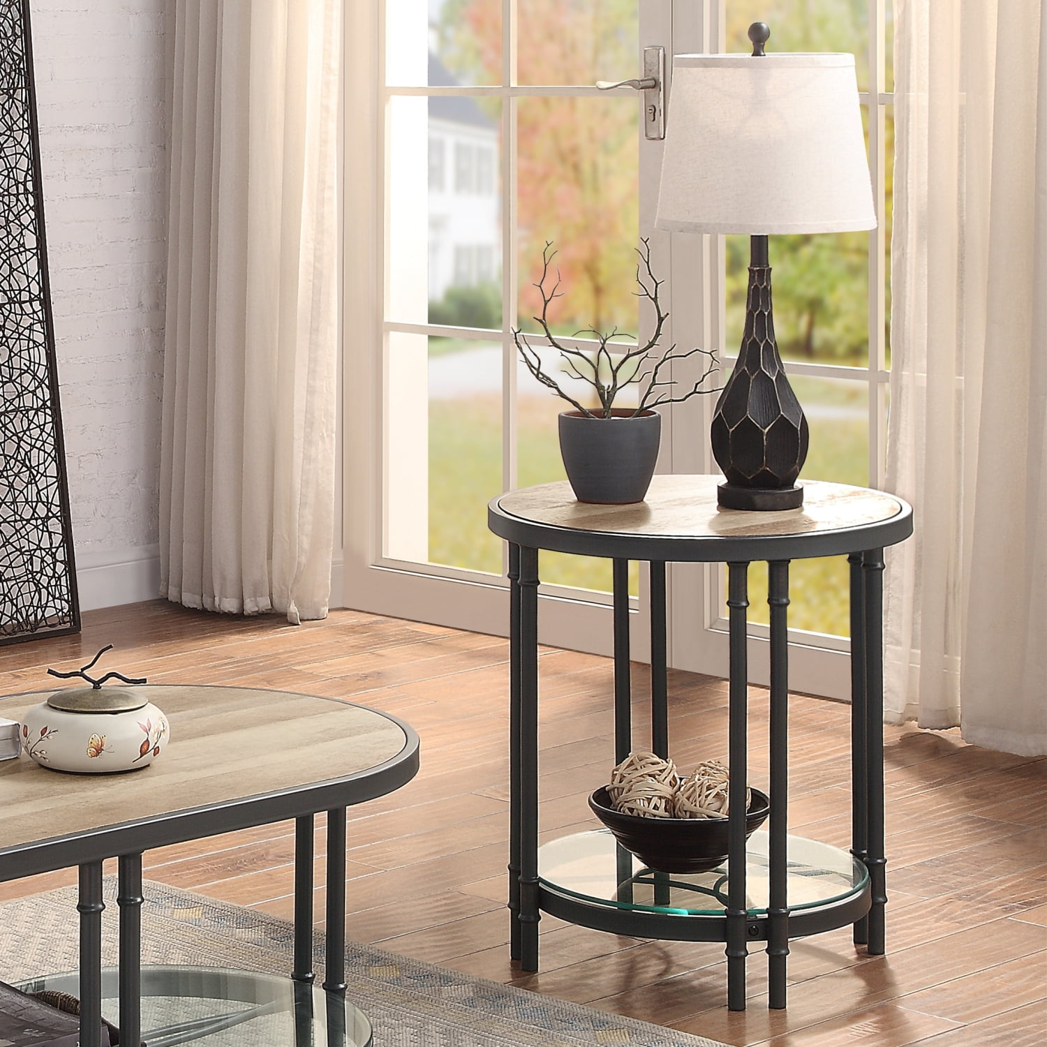 Modern Farmhouse Round Oak & Sandy Black End Table with Glass Shelf