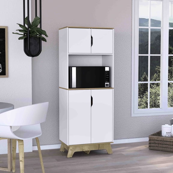 Modern Oak/white Microwave Tall Cabinet Counter, Kitchen Double Door With Shelf Unit, 30.04'' Countertop, 13.9''h X 24.3''w Cabinets, 12.8''h Shelves, Particle Board Construction Counter In