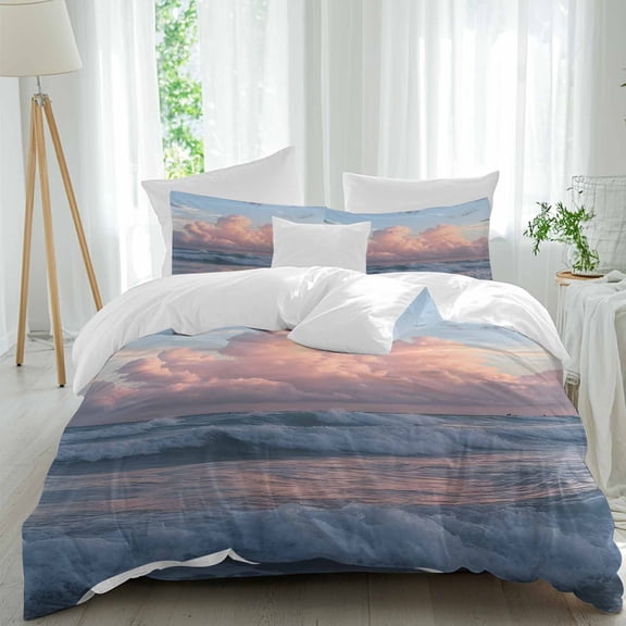 Modern Ocean Beach Queen Size Comforter Set, Blue Marine Wave Cloudy Bedding for All Seasons, 4 Pcs Bed Set, 1Quiltcover (90"x92") ,1Sheet(94"x116"), 2Pillowcases (30"x20")