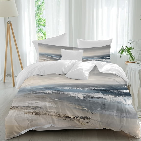Modern Ocean Beach Wave Comforter Set Full Size, Abstract Oil Painting Style Soft Bedding Set for Man Woman, 4 Pieces Duvet Cover Set with Fitted Sheet, 2 Pillowcases
