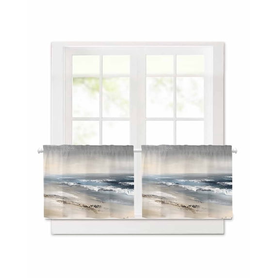 Modern Ocean Beach Wave Short Blackout Curtains 36 Inch Long Abstract Oil Painting Style Rod Pocket Kitchen Curtains, 2 Panels Thermal Insulated Room Darkening Drapes for Bedroom, 42"W x 36"L