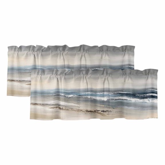 Modern Ocean Beach Wave Window Valance, Abstract Oil Painting Style 2 Pack Decorative Curtain for Small Windows, Light Filtering Valance with 3” Rod Pocket, 60"W x 18"L