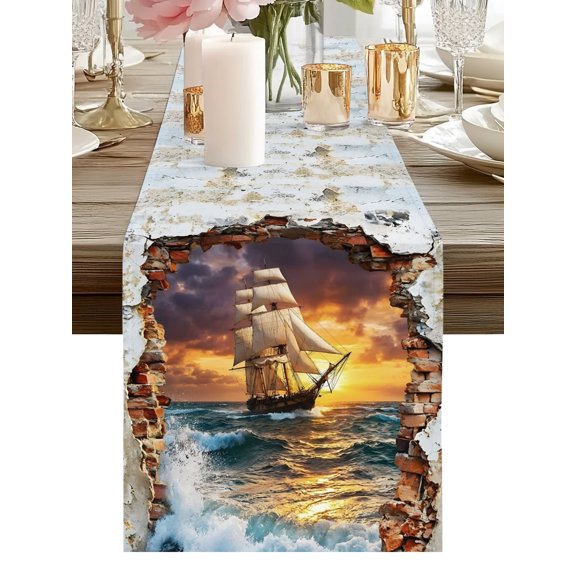 Modern Ocean Sail Table Runners 36 Inches Long Modern Cracked Wall Rolling Waves Kitchen Dining Table Runner Dresser Scarves for Party Coffee Holiday Party Decor
