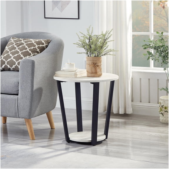 Modern Off-White Round End Table with Lower Shelf, Contemporary Accent Table for Living Room