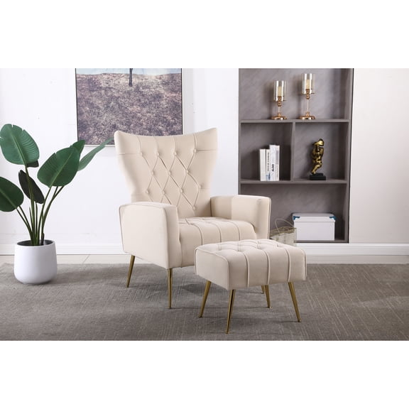 Modern Office Armchair With In Beige - Velvet Upholstery And Solid Construction Comfy Living Room Matching Beige, Sinuous Spring Deck Ideal For Bedroom, Apartment,