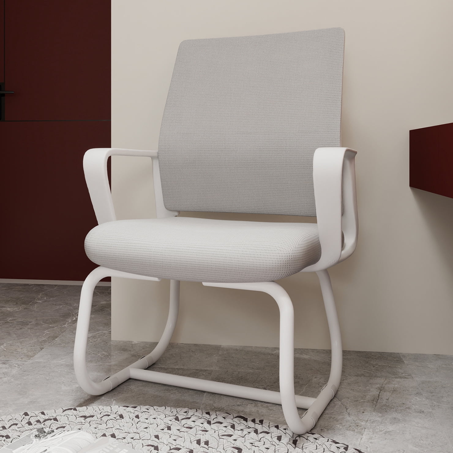 Modern Office Chair No Wheels, Ergonomic Study Chair with Handrail and Steel Legs, Comfy Home Office Desk Chairs with Ultra Thick Cushion, White+Gray