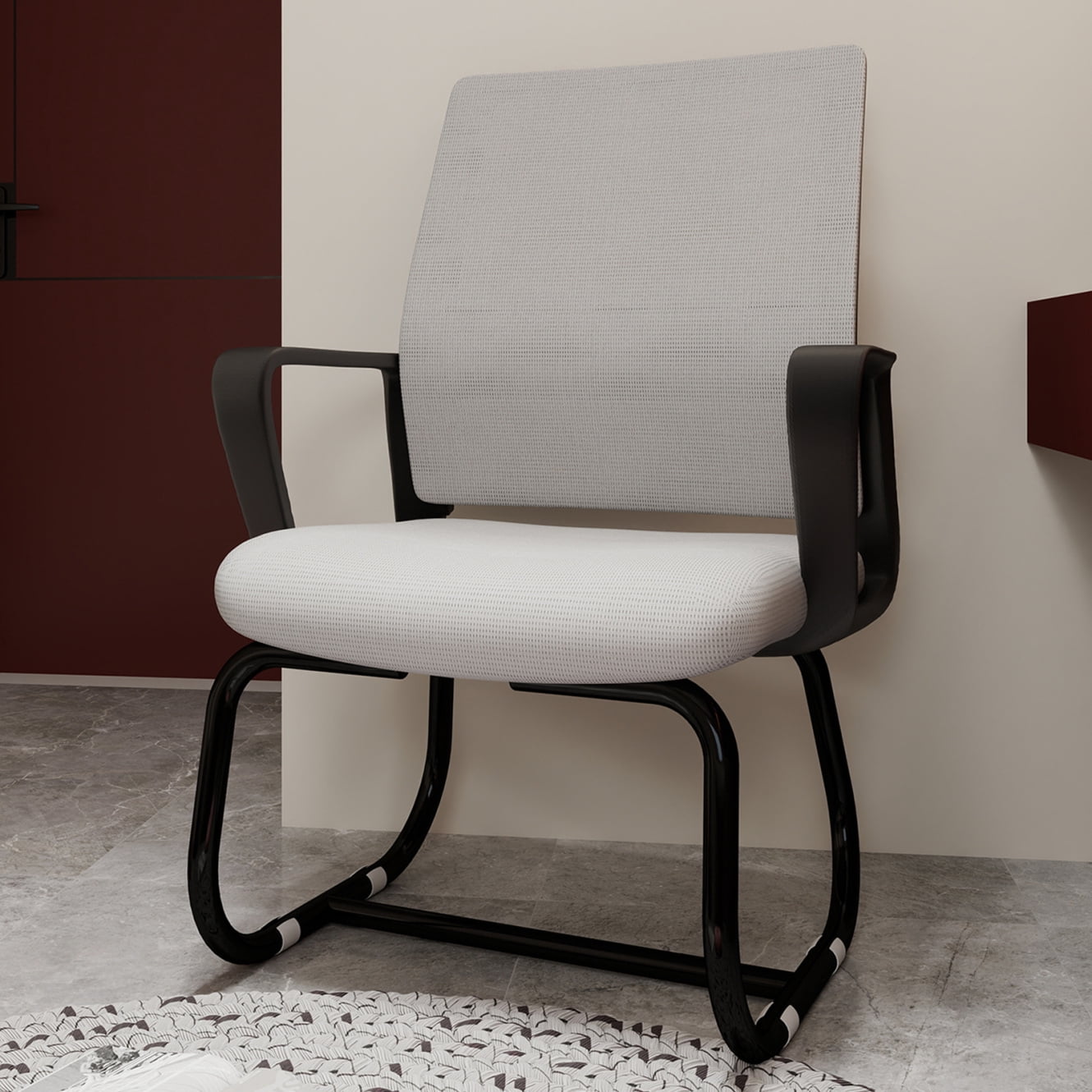 Modern Office Chair No Wheels, Ergonomic Study Chair with Handrail and Steel Legs, Comfy Home Office Desk Chairs with Ultra Thick Cushion, Black+ Gray