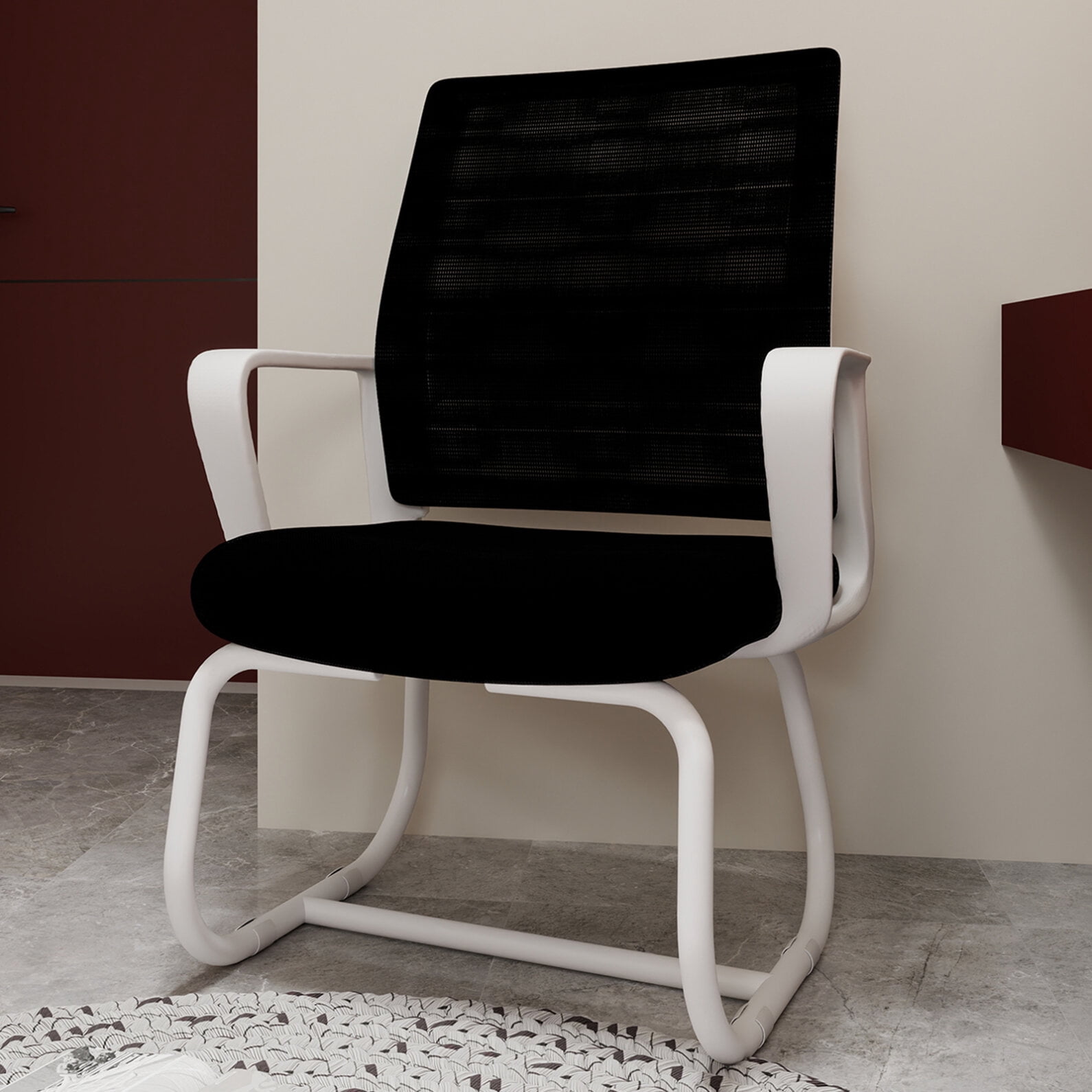 Modern Office Chair No Wheels, Ergonomic Study Chair with Handrail and Steel Legs, Comfy Home Office Desk Chairs with Ultra Thick Cushion, White+Black