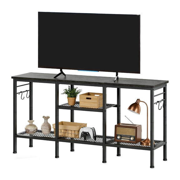 Modern Office Computer Desk – Sleek Black TV Stand with Soundbar Shelf, Open Storage, Cable Management – Fits TVs Up to 55 Inches, Easy Assembly, Perfect for Living Room, Bedroom, or Home Office