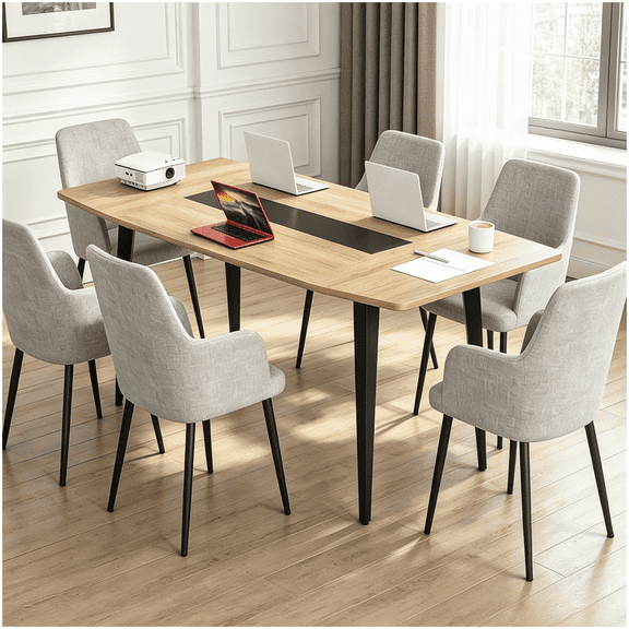 Modern Office Conference Table with Black Metal Frame and Wood Tone Top, Boat Shape Design for Collaborative Workspace