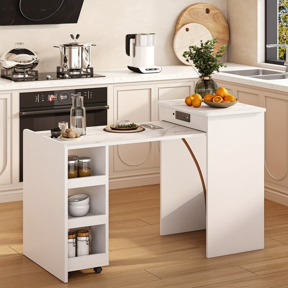 Modern Office Desk 55 Inch Foldable and Expandable Computer Desk with Light Strip, 3 in 1 Multi Functional Modern Home Office Desk, Multi Functional Folding Table Dining Table and Makeup Table