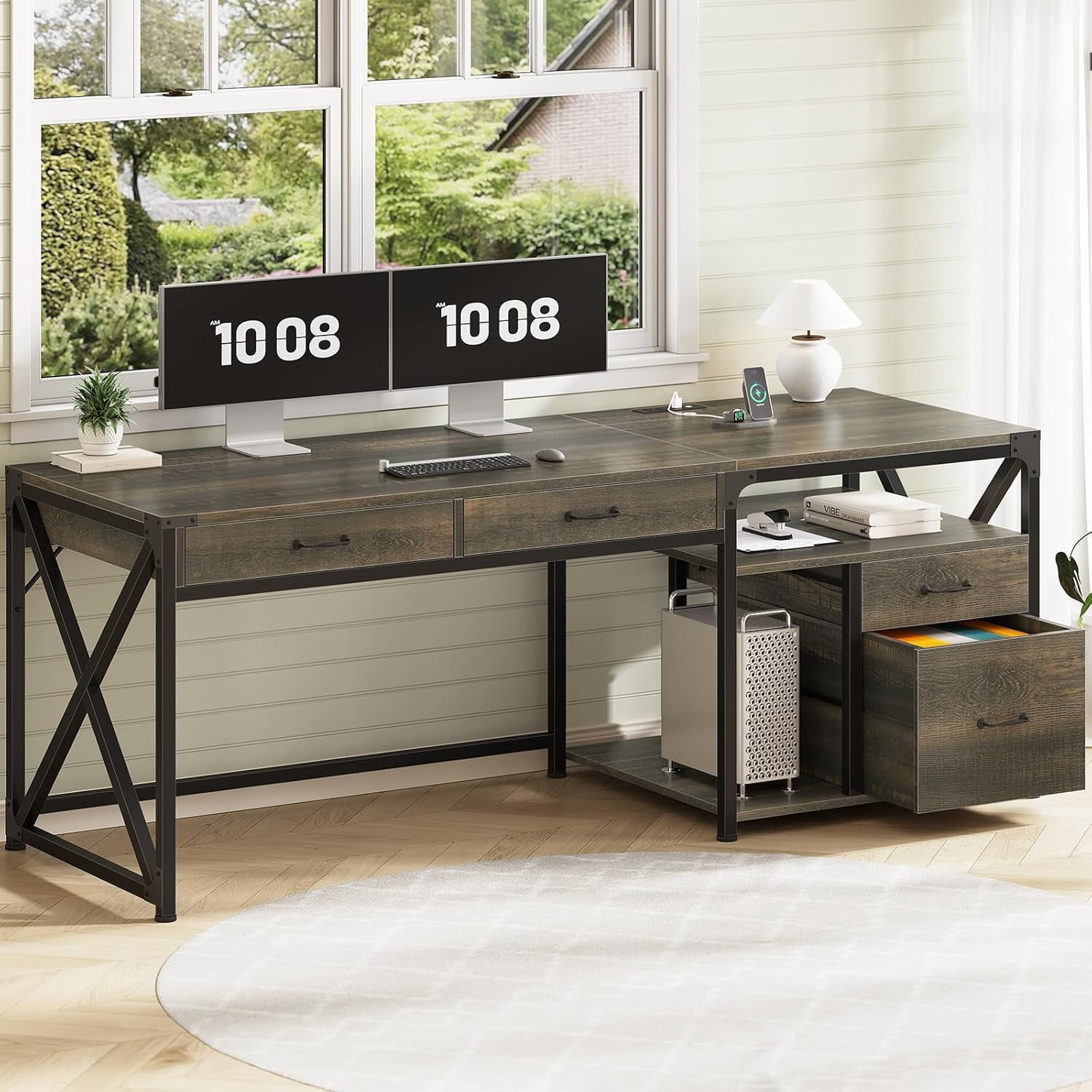 Modern Office Desk with Drawers and Power Outlets, Industrial Style