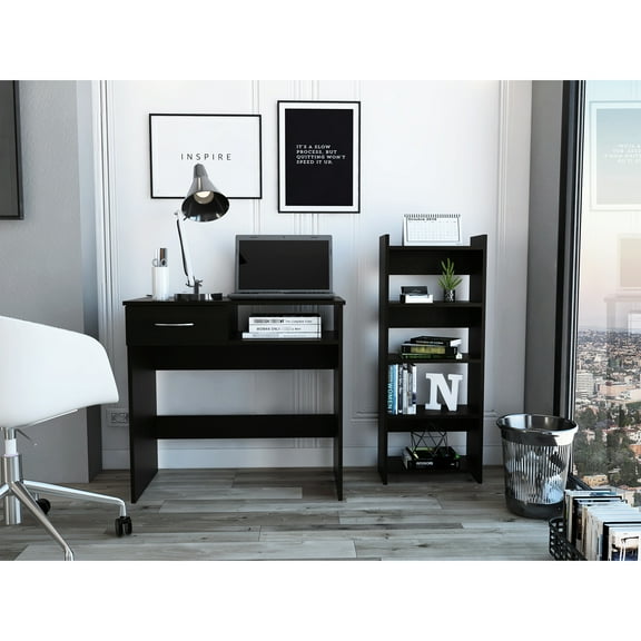 Modern Office Desk - Rectangular With Lockable Storage, Rectangular, Black Pine Wood, Industrial Style Two Piece Computer Workstation Cabinet, Design