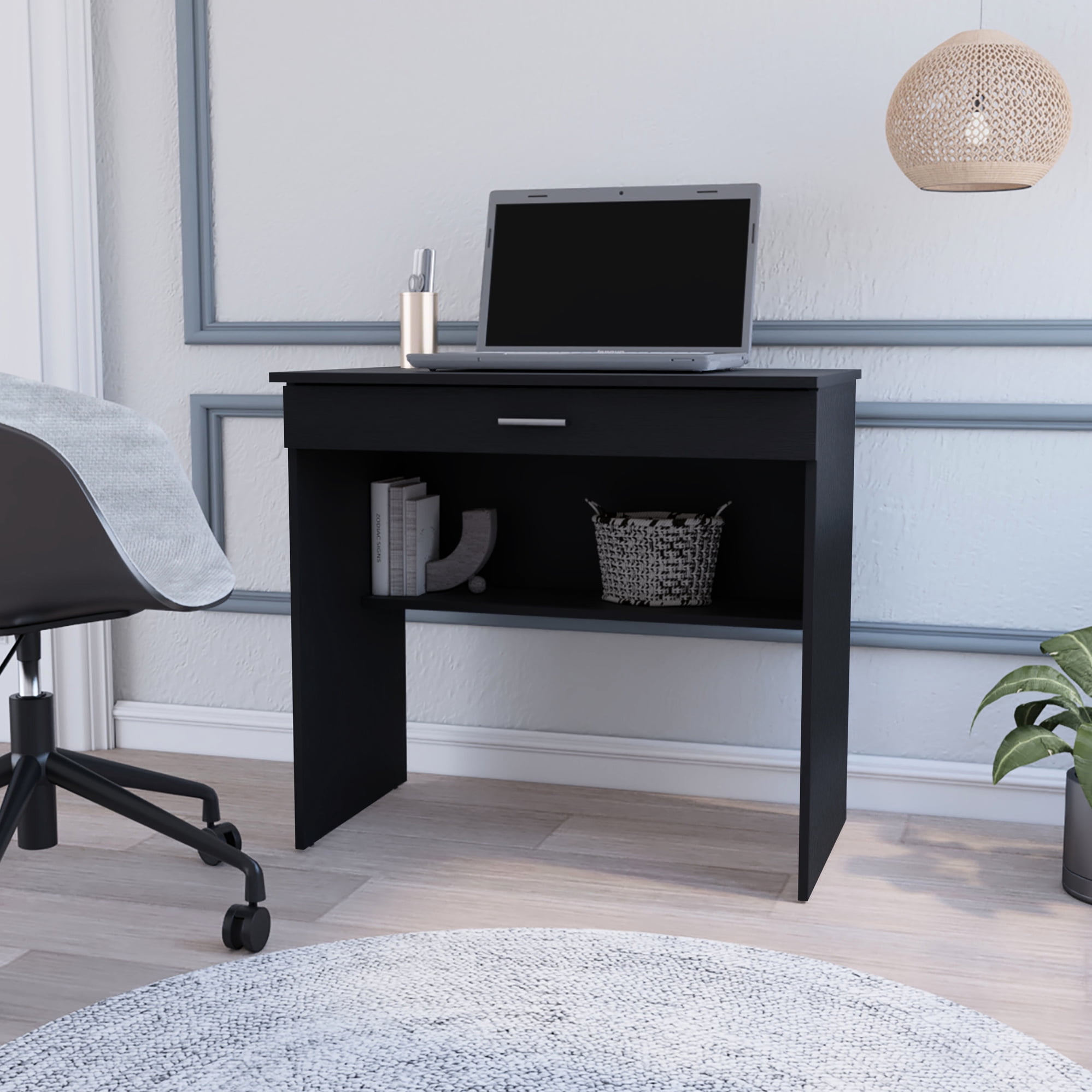 Black Config Color Modern Office Desk With Drawer And Shelf, Black Configuration Color ...
