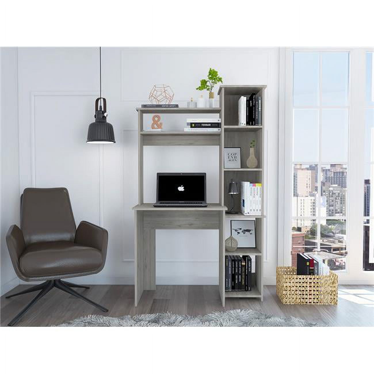 Sleek Minimalist Light Gray Computer Desk with Side Bookcase