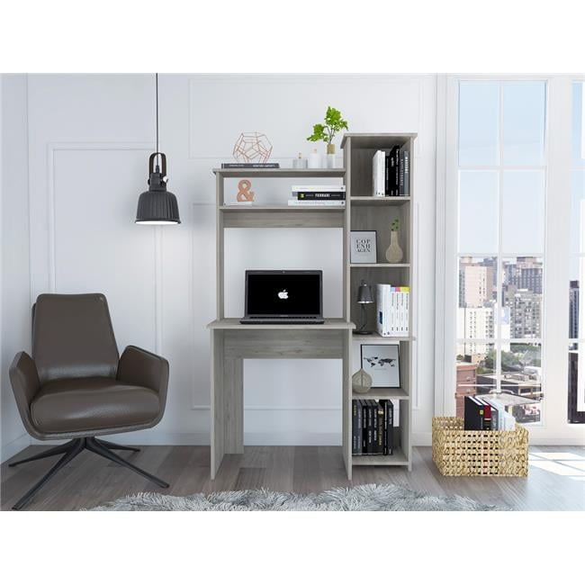 Sleek Minimalist Light Gray Computer Desk with Side Bookcase